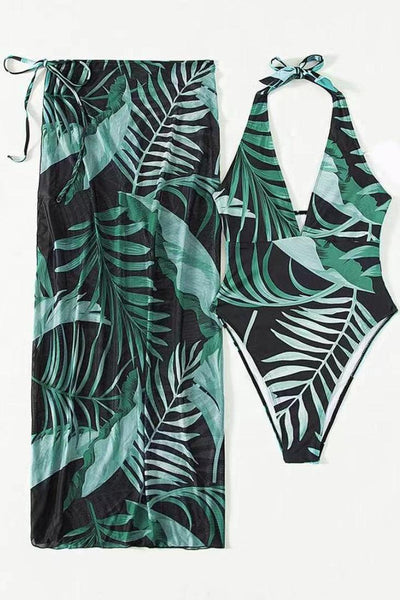 Green Leaf Print Monokini Two Piece Swimsuit - AMIClubwear