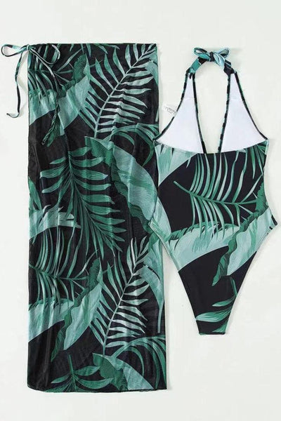 Green Leaf Print Monokini Two Piece Swimsuit - AMIClubwear