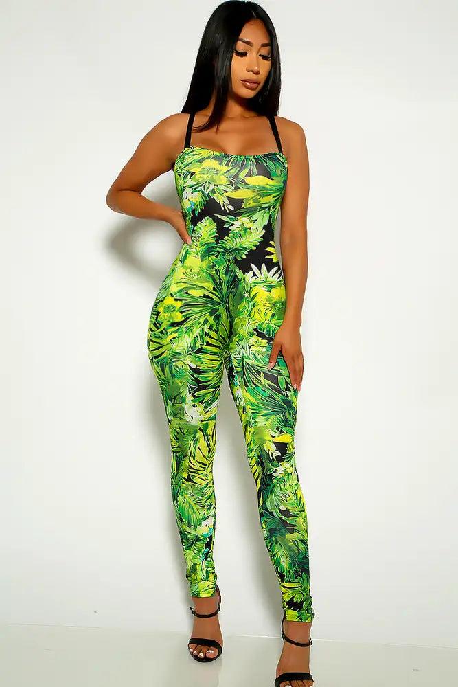 Green Leaf Print Sleeveless Jumpsuit - AMIClubwear