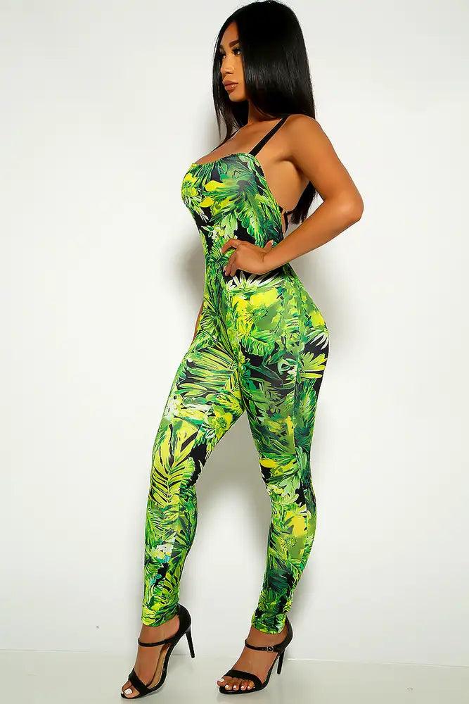 Green Leaf Print Sleeveless Jumpsuit - AMIClubwear