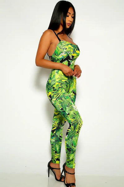 Green Leaf Print Sleeveless Jumpsuit - AMIClubwear