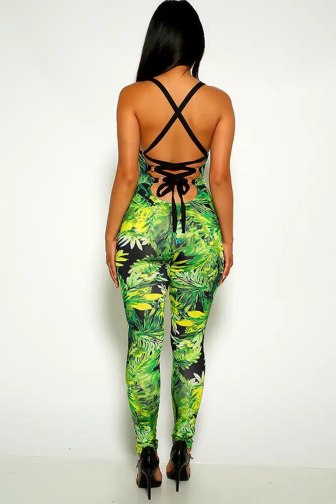 Green Leaf Print Sleeveless Jumpsuit - AMIClubwear