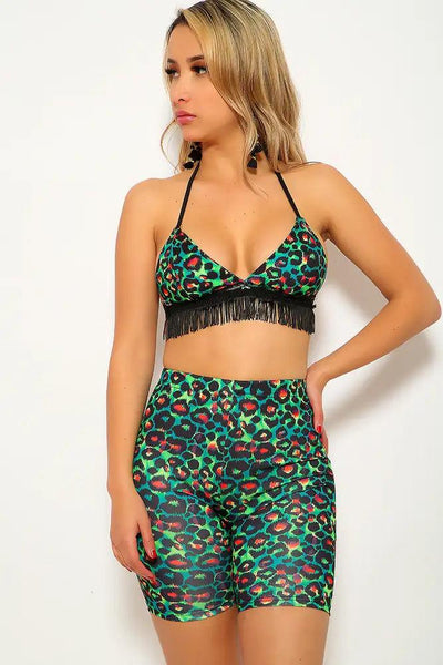 Green Leopard Print Fringe Two Piece Outfit - AMIClubwear