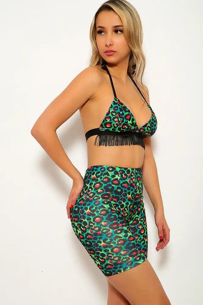 Green Leopard Print Fringe Two Piece Outfit - AMIClubwear