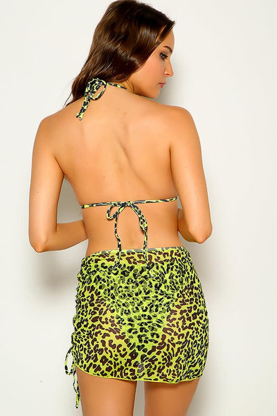 Green Leopard Print Halter Sexy Three Piece Swimsuit - AMIClubwear