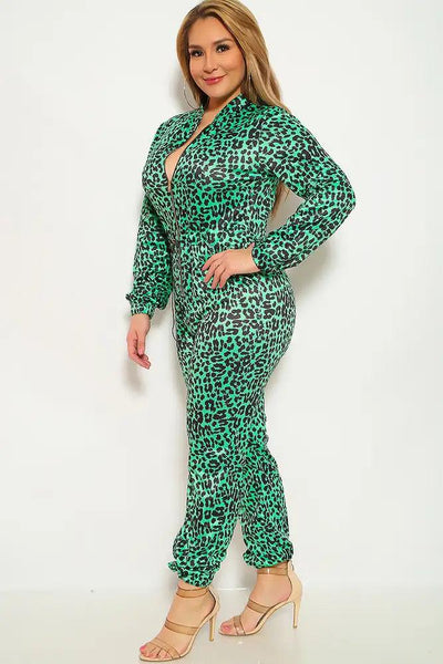 Green Leopard Print Plus Size Jumpsuit - AMIClubwear