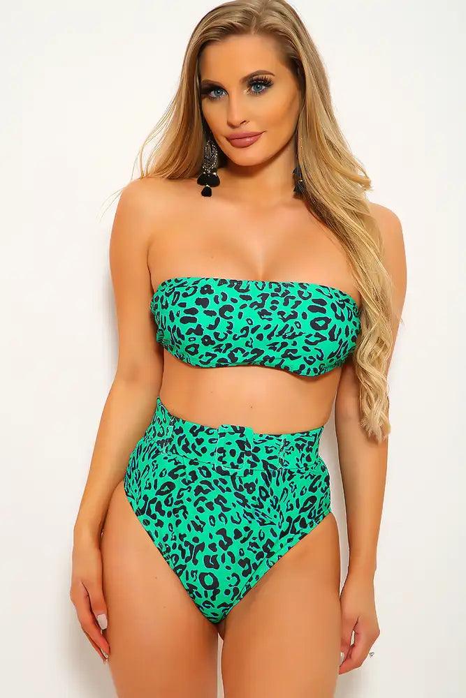 Green Leopard Print Strapless Two Piece Swimsuit - AMIClubwear