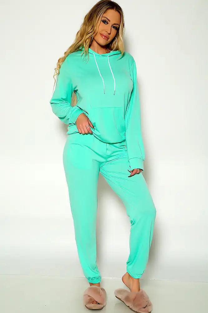 Green Long sleeve Cozy Hooded Lounge Wear Two Piece Outfit - AMIClubwear
