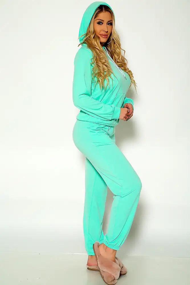 Green Long sleeve Cozy Hooded Lounge Wear Two Piece Outfit - AMIClubwear
