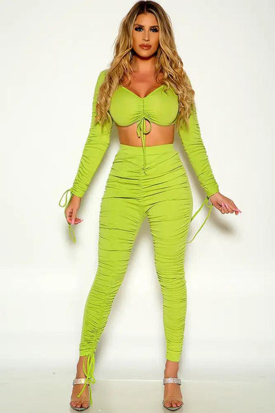 Green Long Sleeve Cropped Ruched Two Piece Outfit - AMIClubwear
