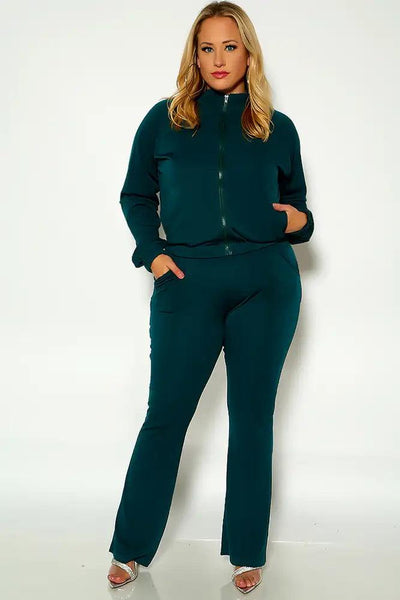 Green Long Sleeve Front Zipper Closure Plus Size Two Piece Lounge Outfit - AMIClubwear