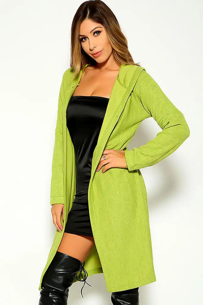 Green Long Sleeve Hooded Button Up Cardigan - AMIClubwear