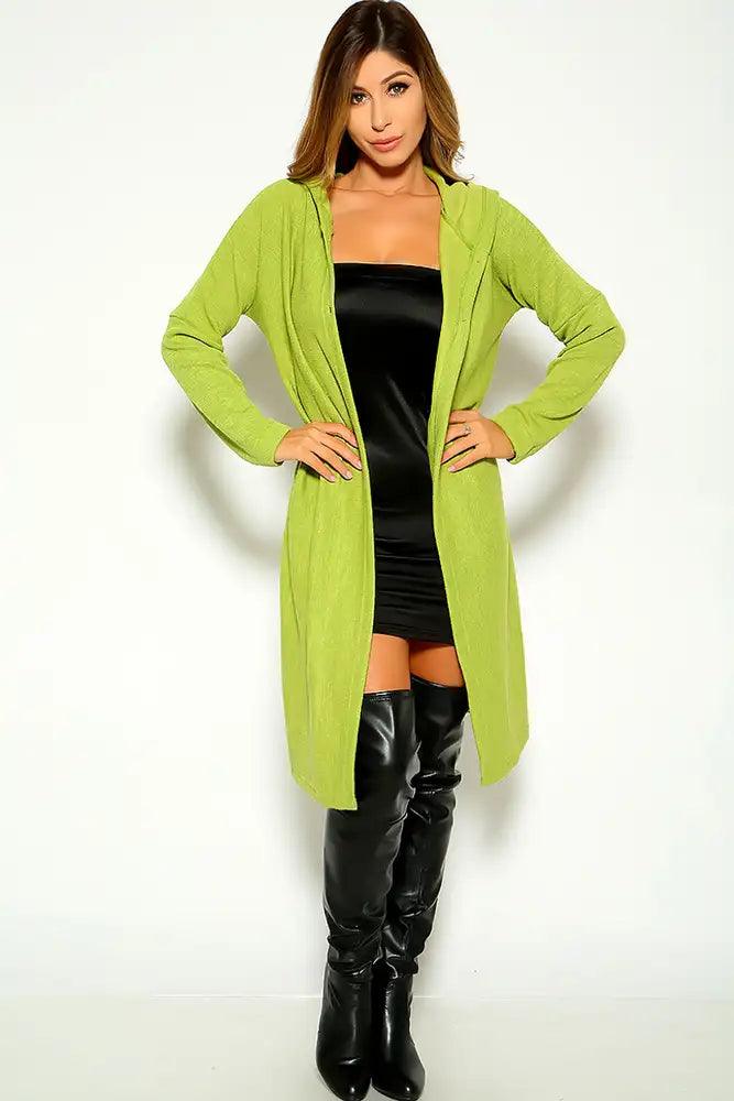 Green Long Sleeve Hooded Button Up Cardigan - AMIClubwear