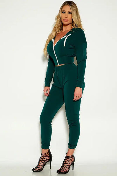 Green Long Sleeve Hooded Lounge Wear Two Piece Outfit - AMIClubwear