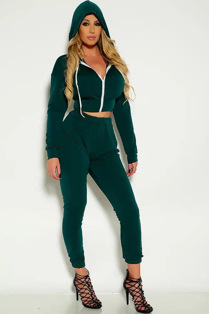 Green Long Sleeve Hooded Lounge Wear Two Piece Outfit - AMIClubwear