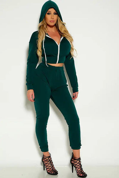 Green Long Sleeve Hooded Lounge Wear Two Piece Outfit - AMIClubwear