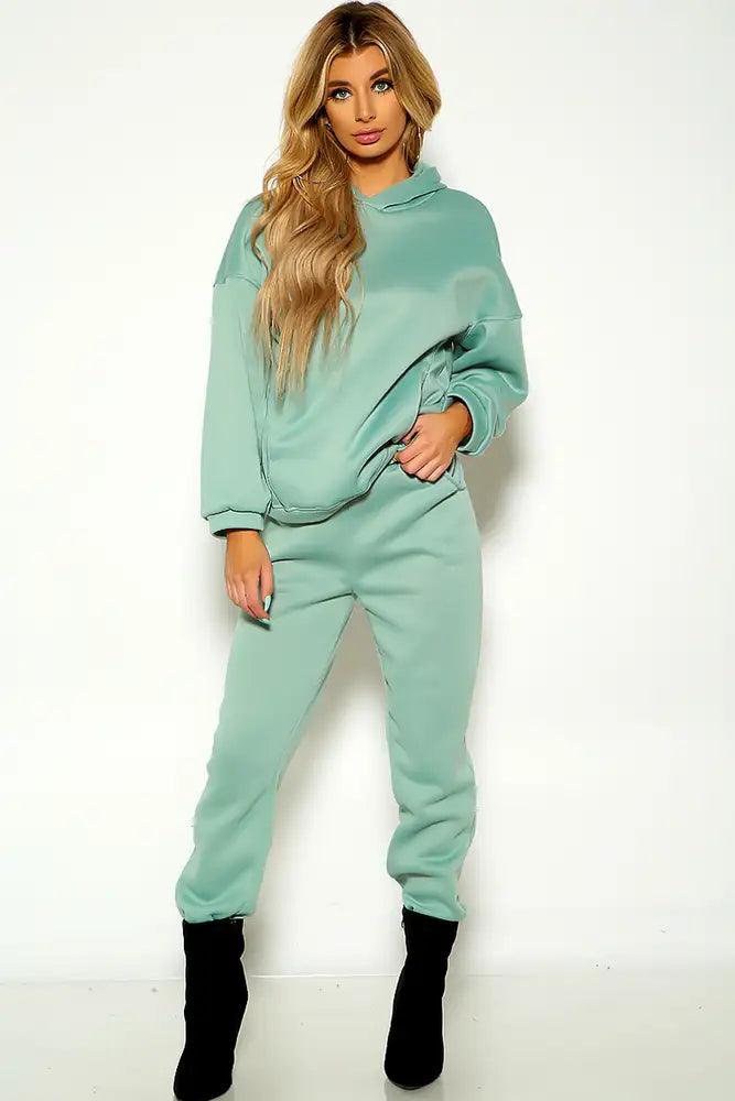 Green Long Sleeve Hooded Loungewear Two Piece Outfit - AMIClubwear