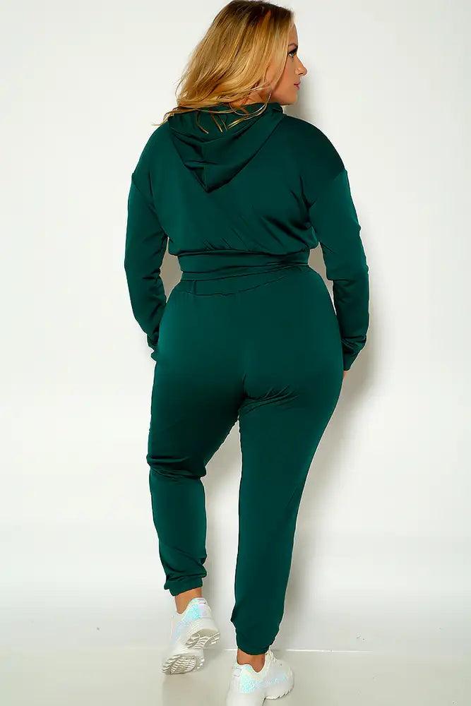 Green Long Sleeve Hooded Plus Size Two Piece Outfit - AMIClubwear