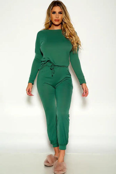 Green Long Sleeve Lounge Wear Comfy Two Piece Outfit - AMIClubwear