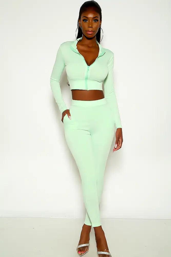 Green Long Sleeve Mock Neck Two Piece Outfit - AMIClubwear