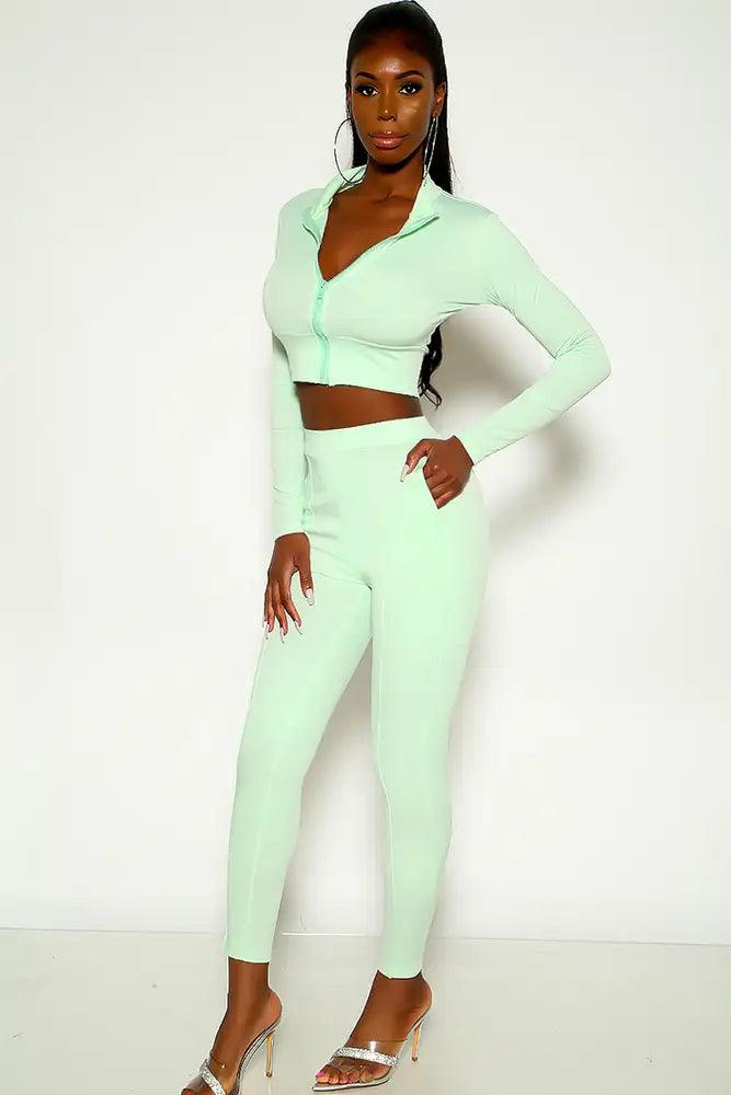 Green Long Sleeve Mock Neck Two Piece Outfit - AMIClubwear