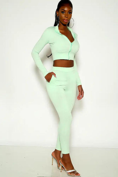 Green Long Sleeve Mock Neck Two Piece Outfit - AMIClubwear
