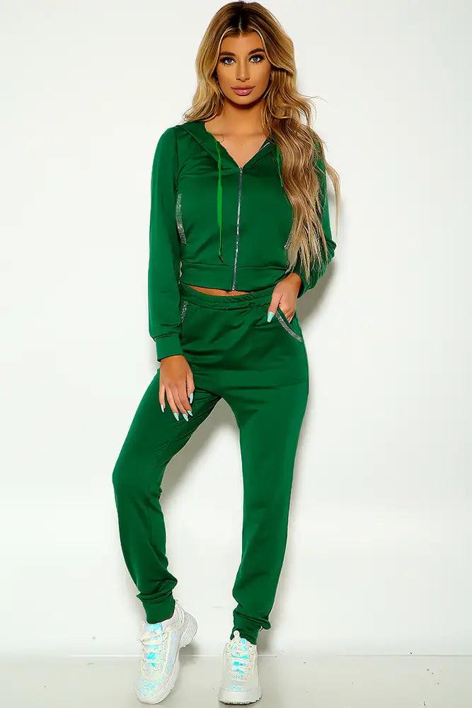 Green Long Sleeve Rhinestone Detail Lounge Wear Two Piece Outfit - AMIClubwear