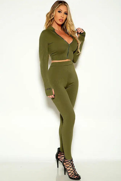 Green Long Sleeve Ribbed Lounge Wear Two Piece Outfit - AMIClubwear