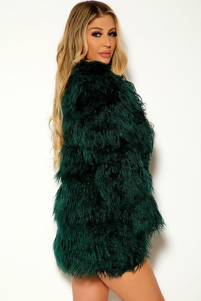 Green Long Sleeve Shaggy Faux Fur Coat - AMIClubwear