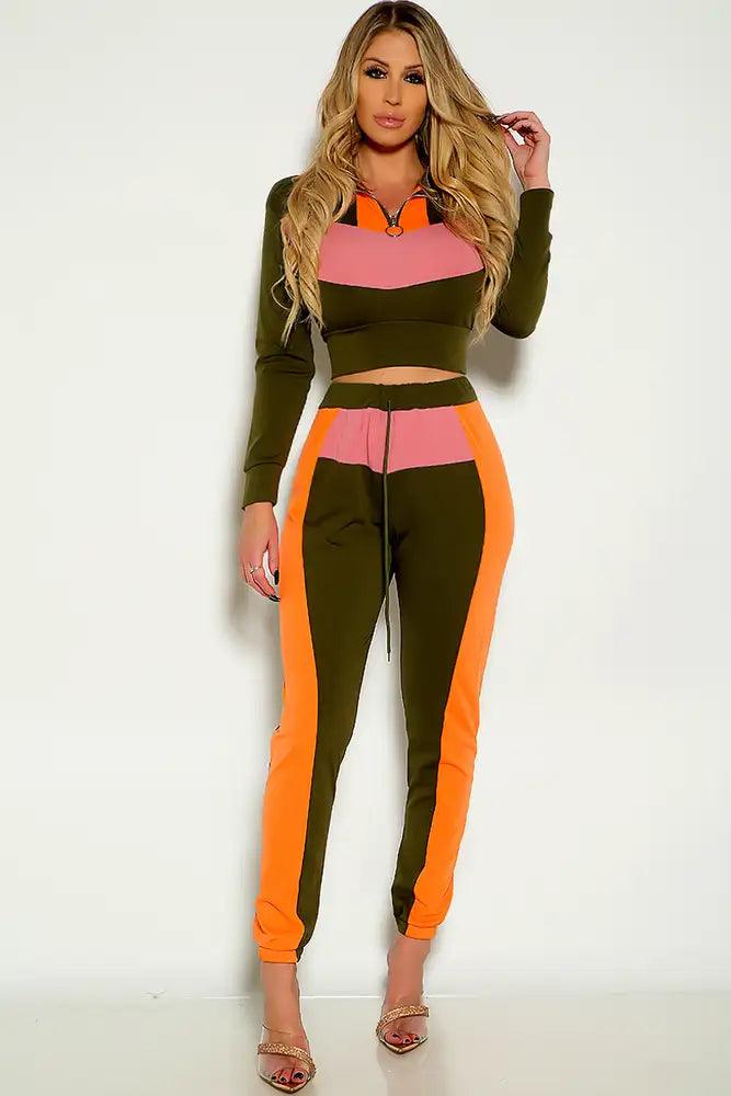 Green Long Sleeve Two Tone 2 Piece Lounge Wear Outfit - AMIClubwear