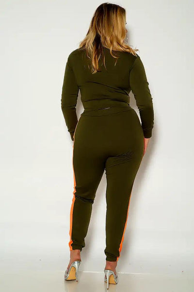 Green Long Sleeve Two Tone 2 Piece Plus Size Lounge Wear Outfit - AMIClubwear