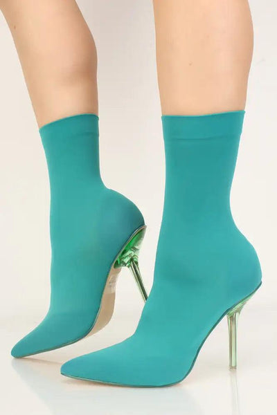 Green Lycra Knit Pointy Toe High Heel Booties - AMIClubwear