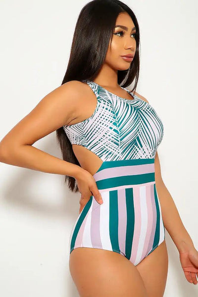 Green Mauve Printed High Neck One Piece Swimsuit - AMIClubwear