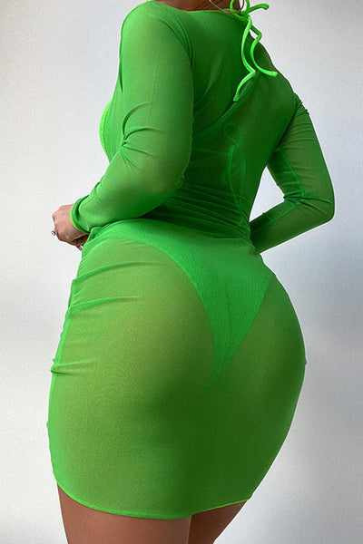 Green Mesh Long Sleeve Three Piece Swimsuit - AMIClubwear