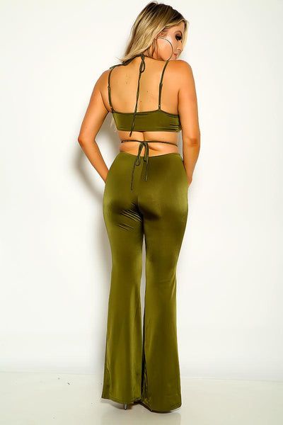 Green Olive Halter Strappy Two Piece Outfit - AMIClubwear