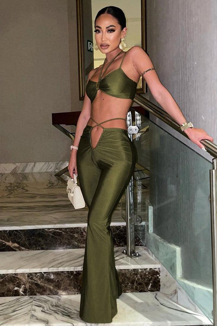 Green Olive Halter Strappy Two Piece Outfit - AMIClubwear