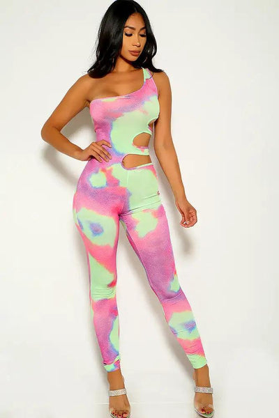 Green Pink Cut Out Two tone Jumpsuit - AMIClubwear