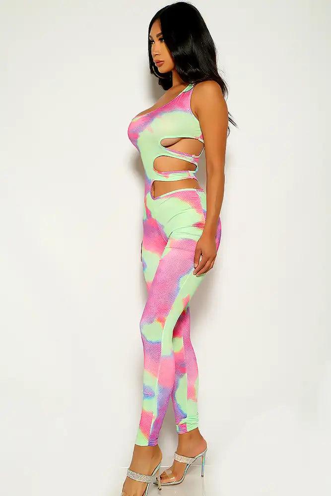 Green Pink Cut Out Two tone Jumpsuit - AMIClubwear