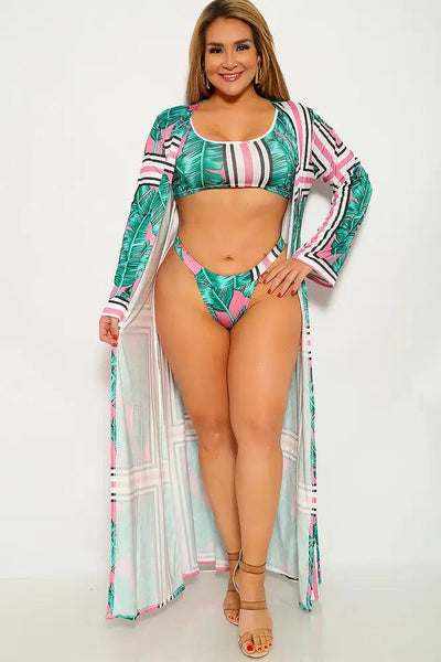 Green Pink Leaf Print Plus Size 3 Piece Swimsuit - AMIClubwear