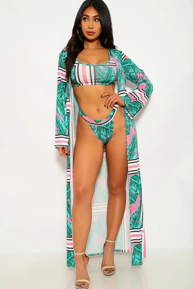 Green Pink Leaf Print Three Piece Swimsuit - AMIClubwear