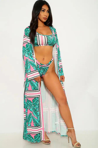 Green Pink Leaf Print Three Piece Swimsuit - AMIClubwear