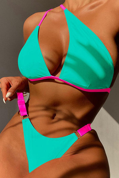 Green Pink Strappy Two Piece Swimsuit - AMIClubwear