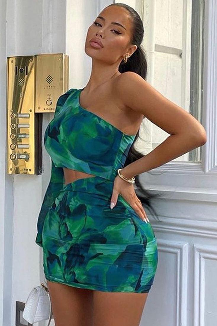 Green Printed Cut Out Long Sleeve Party Dress - AMIClubwear