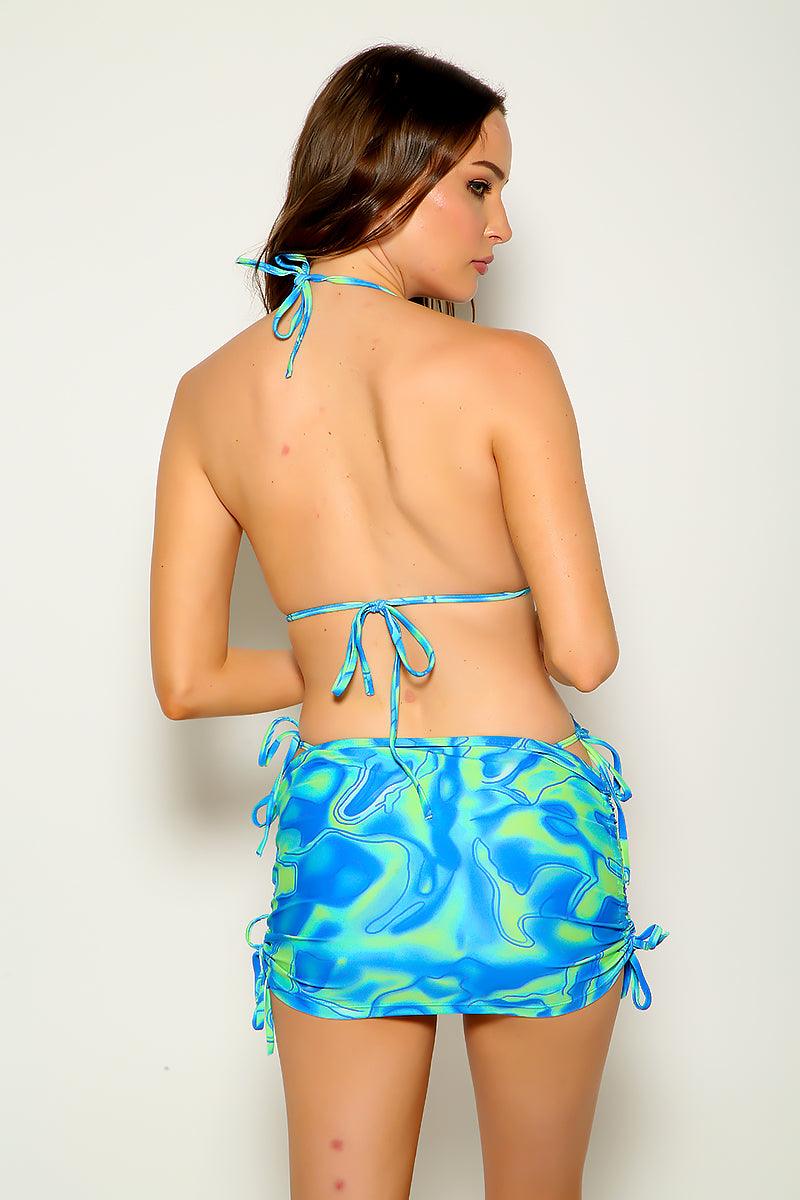 Green Printed Halter Cheeky Sexy Three Piece Swimsuit - AMIClubwear