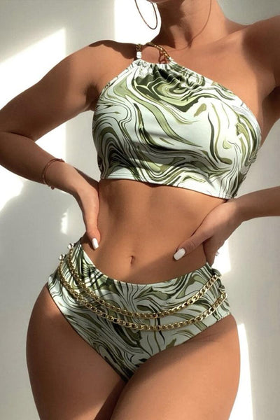 Green Printed One Shoulder Sexy Two Piece Swimsuit - AMIClubwear