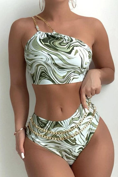 Green Printed One Shoulder Sexy Two Piece Swimsuit - AMIClubwear