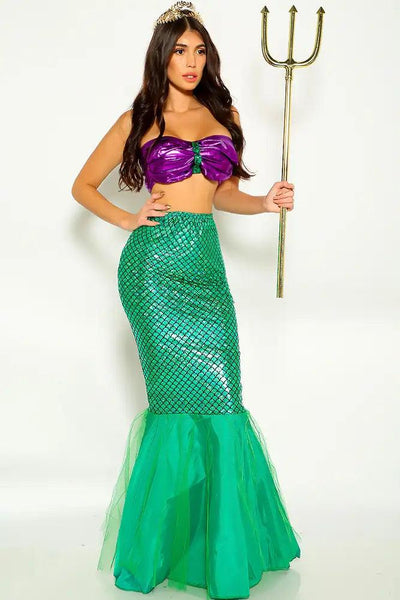 Green Purple Sexy Mermaid 2 Pc Costume - AMIClubwear