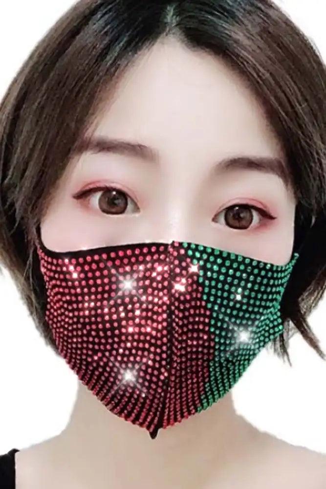 Green Red Rhinestone Accent Washable Face Mask - AMIClubwear