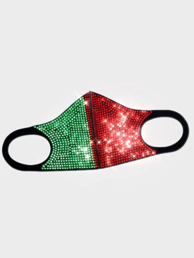 Green Red Rhinestone Accent Washable Face Mask - AMIClubwear
