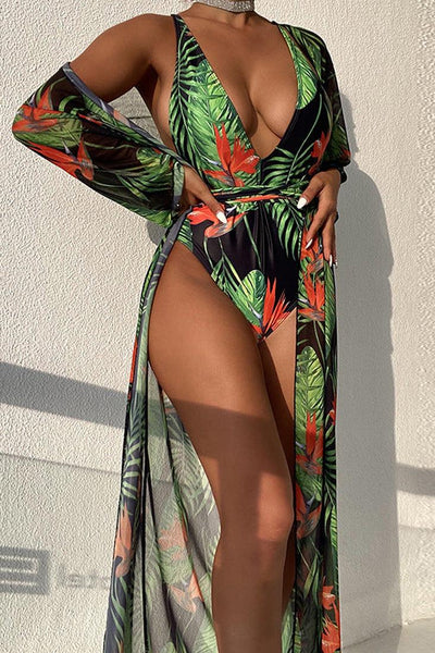 Green Red Tropical Print Two Piece Monokini Swim & Cover-up Set - AMIClubwear